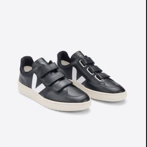 Veja Black Leather Velcro Sneakers with White Logo